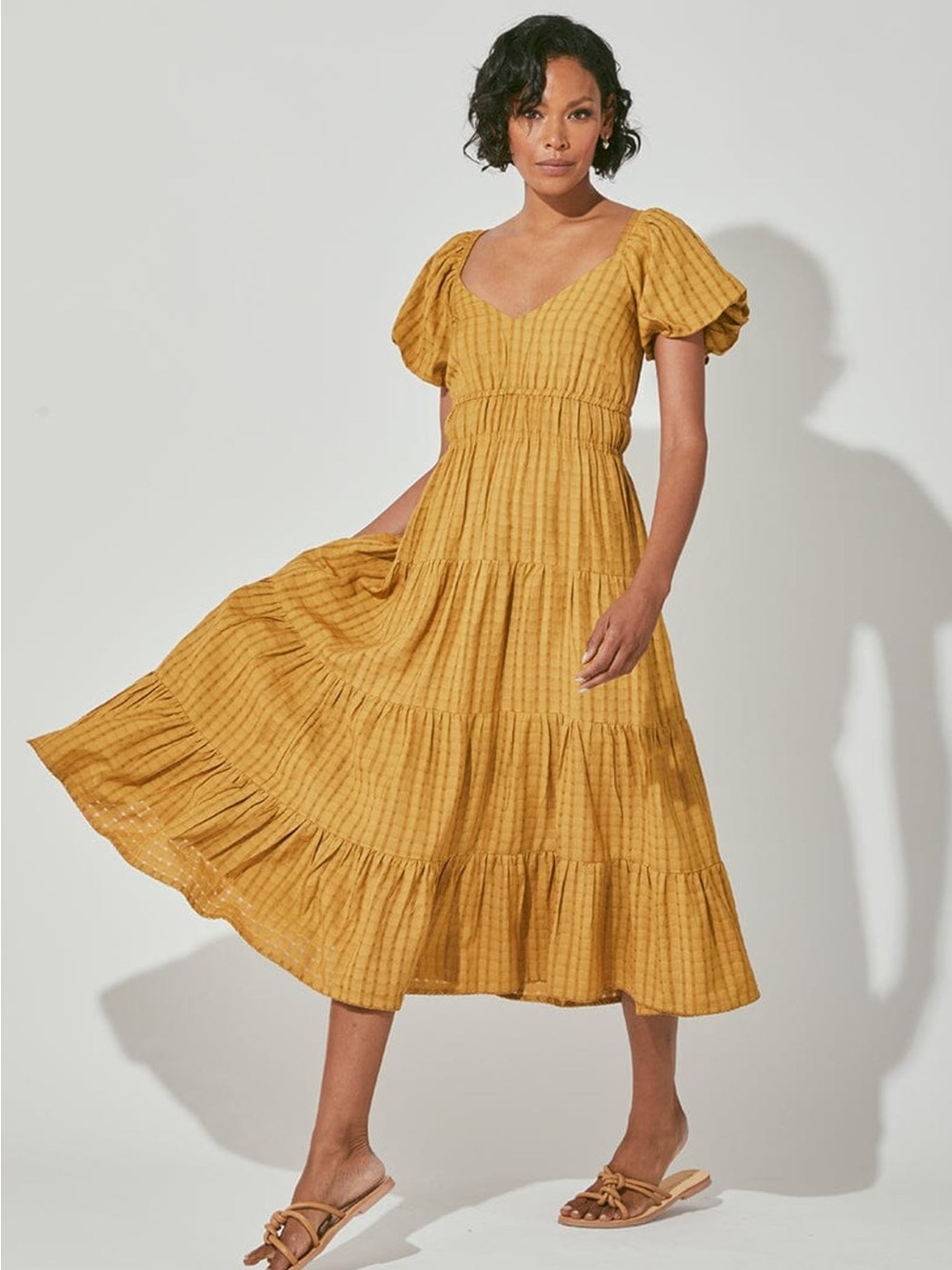 NWT Cleobella Mustard Tiered Midi Dress with Puff Sleeves
